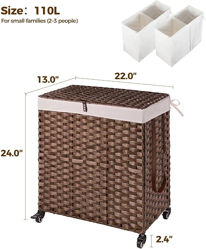 Greenstell Laundry Hamper with Wheels, No Install Needed, 110L Divided Handwoven Hampers & 2 Removable Liner Bags, Rattan Clothes Laundry Basket with Lid & Handles, Foldable Hampers Brown 22x13x26.4In - Image 5