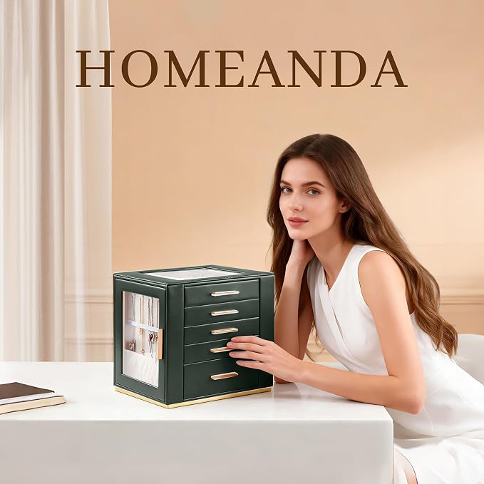 Homeanda Jewelry Box for Women with Glass Lid, 5 Drawers Jewelry Organizer and Storage for Necklaces, Rings, Earrings, Bracelets, Gift for Girls and Teens,PU Leather (Green) - Image 2