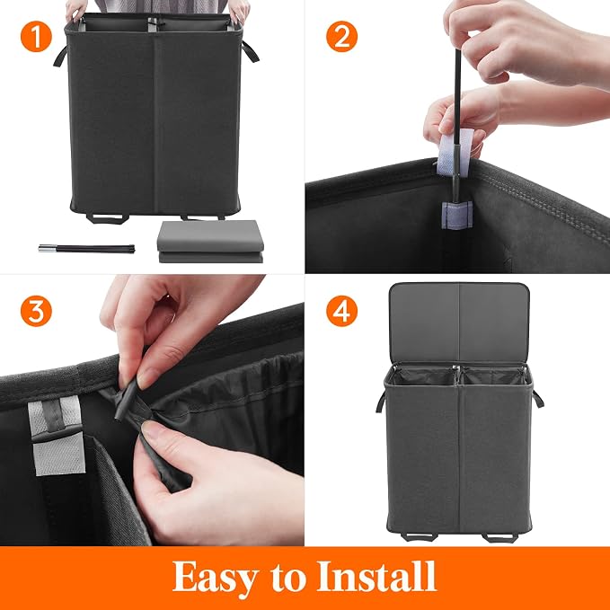 Lifewit Double Laundry Hamper with Lid and Removable Laundry Bags, Large Collapsible 2 Dividers Dirty Clothes Basket with Handles for Bedroom Laundry Room Closet Bathroom College, 136L Black - Image 3