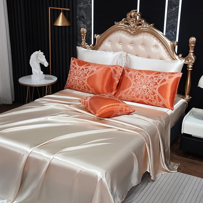 Jacquard Full Comforter Set with Beige Sheet Set Orange Bedding Set 8 Pcs Embroidery Neoclassical Floral Elegant Bed Home Decor Soft Down Comforter Luxury Hotel Silky Bed in a Bag with 1 Cushion Cover