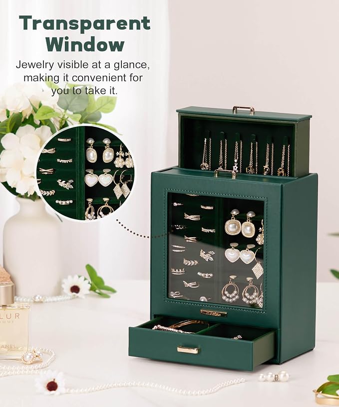 Homde Mothers Day Gifts Jewelry Organizer Girls Women Jewelry Box for Necklaces Rings Earrings Gift Bracelets Storage Case (Forest Green + Gold) - Image 4
