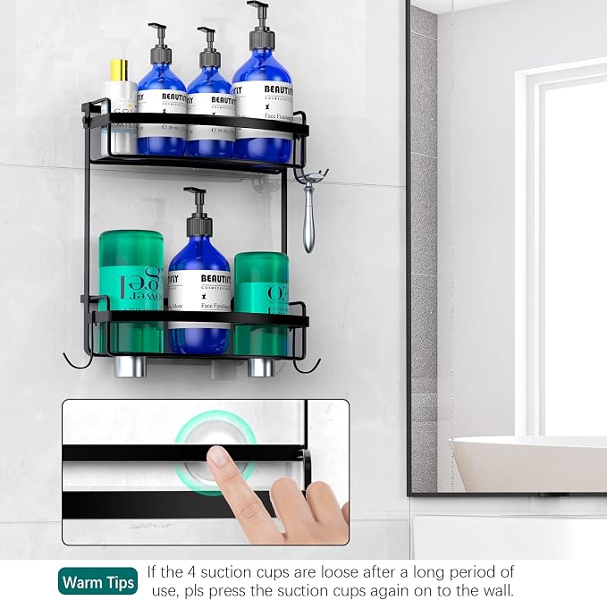Meangood Shower Caddy Over Shower Head, Black Anti-Swing Hanging Shower Caddy with 4 Remove Hooks for Razor, Sponge, Towels Rustproof Shower Organizer for Bathroom - Image 3