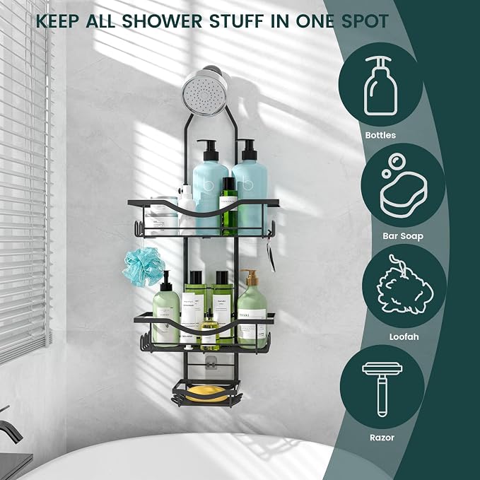 Shower Caddy Hanging Adjustable Shower Caddy, Rustproof Shower Organizer Extended Length Shower Caddies Over Shower Head with Hooks Soap Holder, Large Capacity Anti-Swing Bathroom Storage, Black - Image 8
