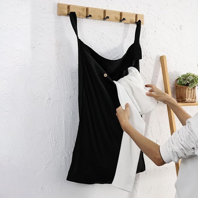 Linen Hanging Laundry Bag, 100% Linen Over The Door Laundry Hamper with Buttons and Zipper, Space Saving Door Hampers for Laundry Dirty Clothes Home Travel, Black - Image 4