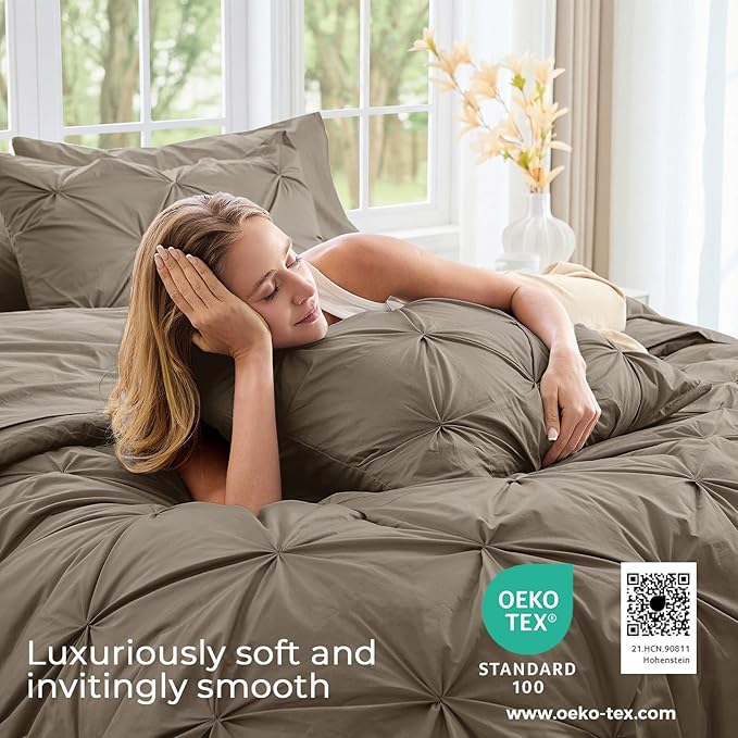 Sasttie King Size Comforter Set, 7-Piece Bed in a Bag, Pintuck Bedding Set for All Season, Includes Comforter, Flat Sheet, Fitted Sheet, Pillowcases and Pillowshams, Brown