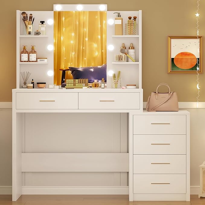 Quimoo 43.3" W Vanity Desk with Mirror and 9 LED Lights, Makeup Vanity with 6 Drawers, 6 Open Shelves, White Vanity for Women Girls, 43.3" W x 13.8" D x 54.3"
