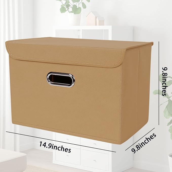 STOREONE Fabric Storage Cube Bins Foldable Organizer Container Collapsible Basket with Lids and Metal Handles, for Home, Bedroom, Closet 3 Pcs (Khaki) - Image 2