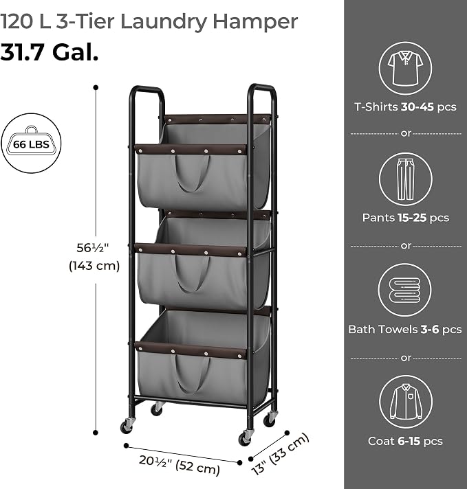 GRANNY SAYS 3 Tier Laundry Sorter, Laundry Hamper with Wheels, Laundry Room Organization and Storage, 3 Section Rolling Laundry Cart for Dorm, Bathroom, Bedroom, Closet, Grey - Image 6
