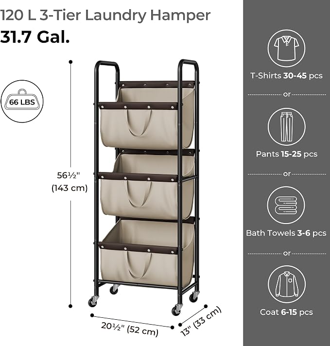 GRANNY SAYS 3 Tier Laundry Sorter, Laundry Basket with Wheels, Laundry Room Organization and Storage, 3 Section Rolling Laundry Cart for Dorm, Bathroom, Bedroom, Closet, Light Khaki - Image 3