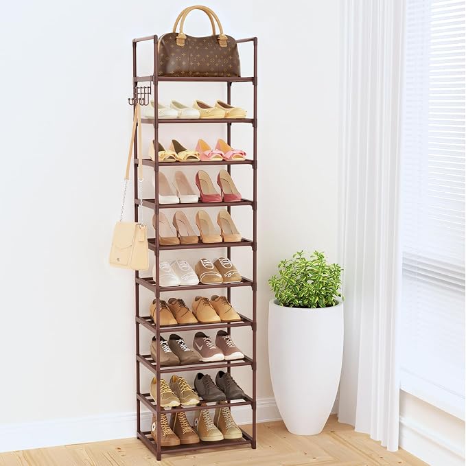 Tall 10 Tier Shoe Rack - 20-24 Pair Storage, Sturdy Metal Shoe Organizer with Hooks for Closet, Entryway, Brown - Image 7