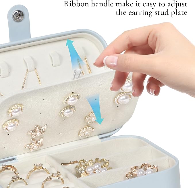 Hatori Travel Jewelry Box, PU Leather Small Jewelry Organizer for Women Girls, Double Layer Portable Mini Travel Case Display Storage Holder Boxes for Stud Earrings, Rings (Light Blue) - Image 5