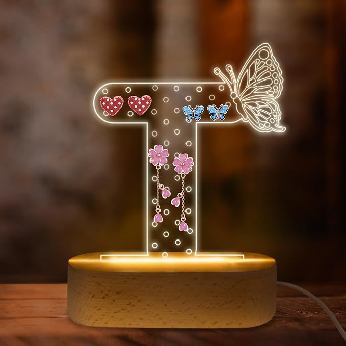 COSHAYSOO Earring Holder Organizer Best Friend Sister Birthday Gifts for Women Female Big Sister Gifts for Sisters Bestie Siblings, LED Night Night Butterfly Decor Jewelry Stand Letter T by COSHAYSOO
