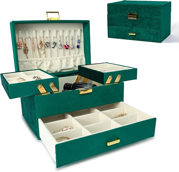 Dajasan Jewelry Organizer Box, Large Velvet Jewelry Boxes for Women Girls, Space-Saving 3 Layers Jewelry Storage Case with Drawer, Movable Metal Stand, Modern, Gift Idea (Green) by DAJASAN