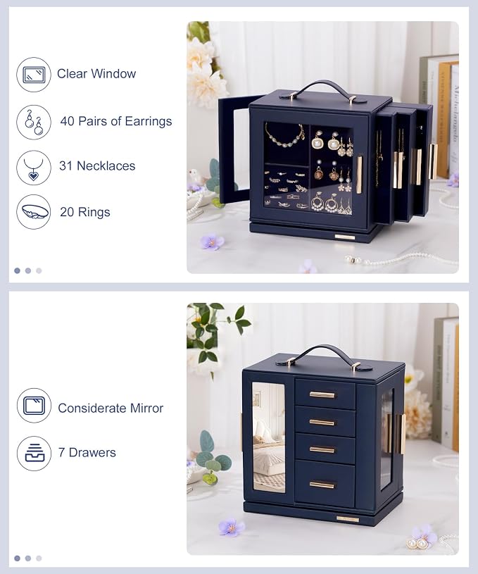 Homde Mothers Day Gifts Jewelry Box for Women Large: Rotating Organizer for Ring Earring Necklace Bracelet - 7 Drawers Storage for Dresser (Dark Blue) - Image 4