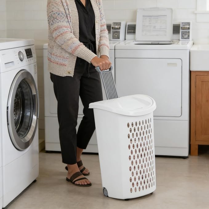 White Laundry Basket, Laundry Hamper with Lid & Wheels, Hamper with Retractable Handle, Ventilated Hamper Basket for Bedroom, Bathroom, and Laundry Room, School Dormitory - Image 5