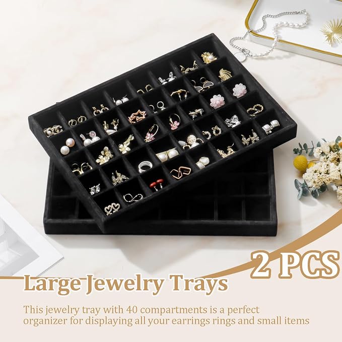 Large Velvet Jewelry Tray 2 Pack Stackable Jewelry Display Drawer Inserts Trays Organizer for Earring Bracelet Necklace Ring (Black, 40 Grids) - Image 2