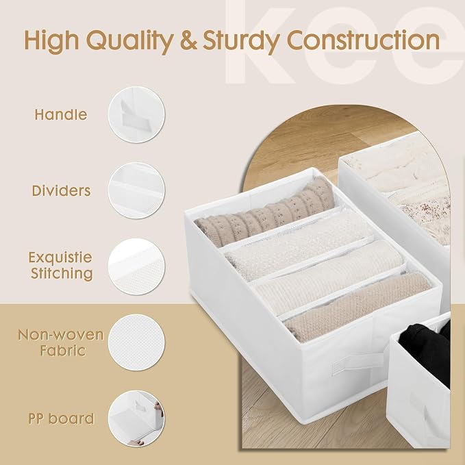 Criusia 6 Pack Large Clothes Organizer, Wardrobe Closet Organizer and Storage with Handles, Foldable Fabric Closet Organizers Dividers for Clothing, Pants, Jeans, Sweater, T-shirts, White - Image 4