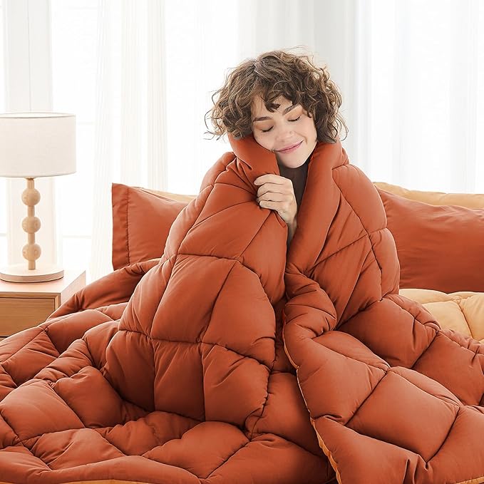 MUXHOMO 7 Pieces Full Comforter Set, Reversible Bed in a Bag Full Size, All Season Bedding Set with Comforter, Flat Sheet, Fitted Sheet, Pillowcases & Shams, Burnt Orange & Camel