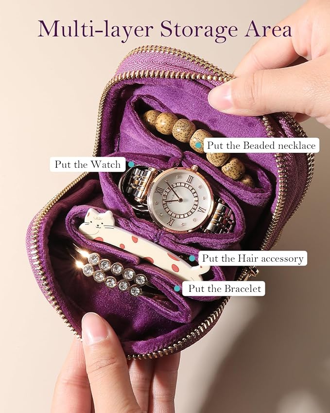 COOLYOUTH Travel Jewelry Case Organizer for Women Portable Jewelry Box with Small Pouches Mini Jewelry Bag for Rings, Bracelets, & Bangles with Smooth Metal Zipper (Plum Purple) - Image 3
