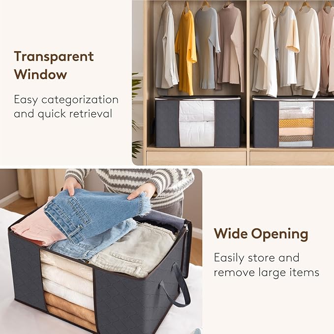 Lifewit 6 Pack Clothes Storage Bins with Lids, Foldable Blanket Storage Bags with Zippers, Clear Window and Reinforced Handles, Closet and Organization for Clothing, Sweater, Comforter, Bedding