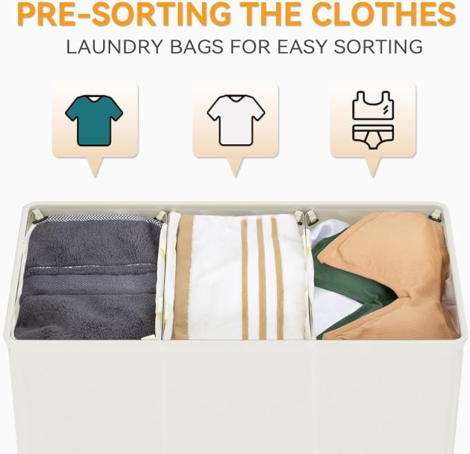 WOWLIVE 180L Laundry Hamper with Lid 3 Section,Large Laundry Basket with Removable Bags and Handles,Collapsible Dirty Clothes Hampers for Laundry,Laundry Basket Organizer for Laundry Room,Dorm,Beige - Image 4