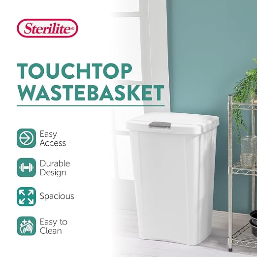 Sterilite 13 Gallon TouchTop Wastebasket Trash Can Garbage Recycle Bin with Titanium Latch for Kitchen, Garage, Basement, or Office, White (8 Pack) - Image 2