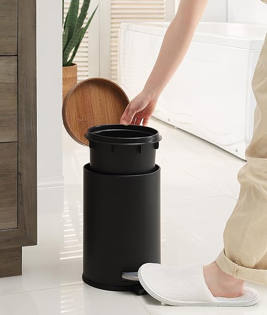 SunnyPoint Elite Bamboo Lid 4.5 Liter / 1.2 Gallon Round Trash Can with Plastic Inner Bucket; Bathroom, Office, Kitchen and Bedroom Step On and Slow Close (Black) - Image 3