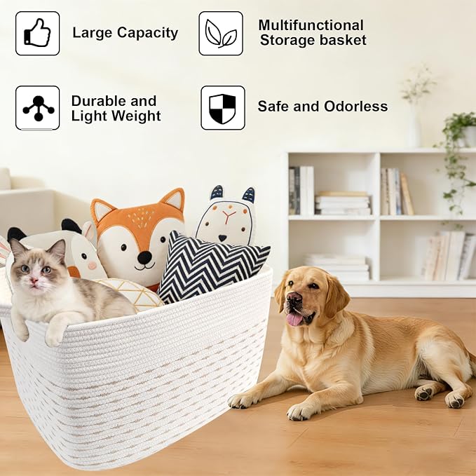 Large Blanket Basket,Woven Rope Basket Storage Bin with Handles,65L Rectangle Laundry Basket for Magazines,Toys,Clothes,Newspaper Shelf Organization,Nursery and Living Room,White&Yellow - Image 7