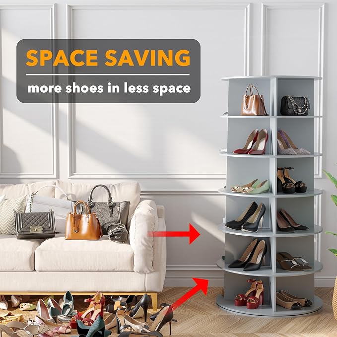 SpaceAid 6 Tier Rotating Shoe Rack Tower, Spinning Shoe Display Lazy Susan, Revolving 360 Shoe Rack Storage Round Carousel, Vertical Handbag Rotate Shoes Closet Organization (6-Tier Gray) - Image 3