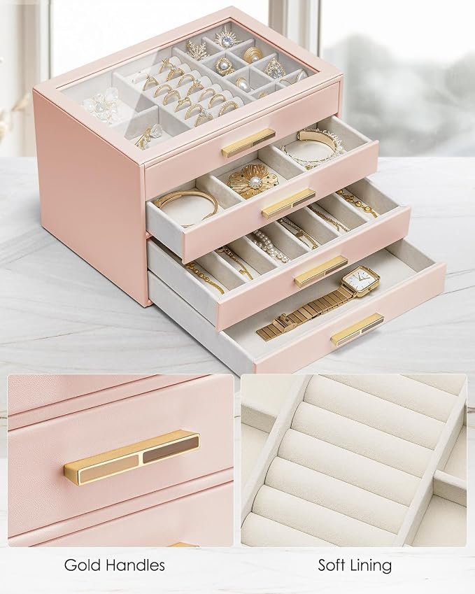 Vlando 4 Layer Jewelry Box for Women, Glass Lid Jewelry Organizer with 4 Drawers for Necklaces Rings Earrings Bracelets - Dark Pink - Image 7
