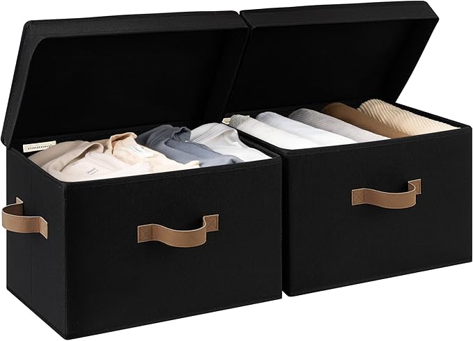 StorageWorks Fabric Storage Bins with Lid, Decorative Storage Boxes for Shelves, Stackable Closet Organizer Basket with Handles, Large, Black, 2-Pack by StorageWorks