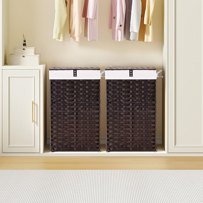 Greenstell Laundry Hamper with Lid, 60L Clothes Hamper with 2 Removable Liner Bags & 2 Mesh Laundry Bags, Handwoven Synthetic Rattan Laundry Basket for Clothes, Toys in Bathroom, Bedroom Brown - Image 2