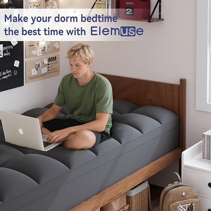 ELEMUSE Twin XL Grey Mattress Topper for College Dorm Room Essentials, Extra Long Twin Mattress Pad for Back Pain Relief, Plush Pillowtop with Elastic Deep Pocket, Overfilled Down Alternative Filling