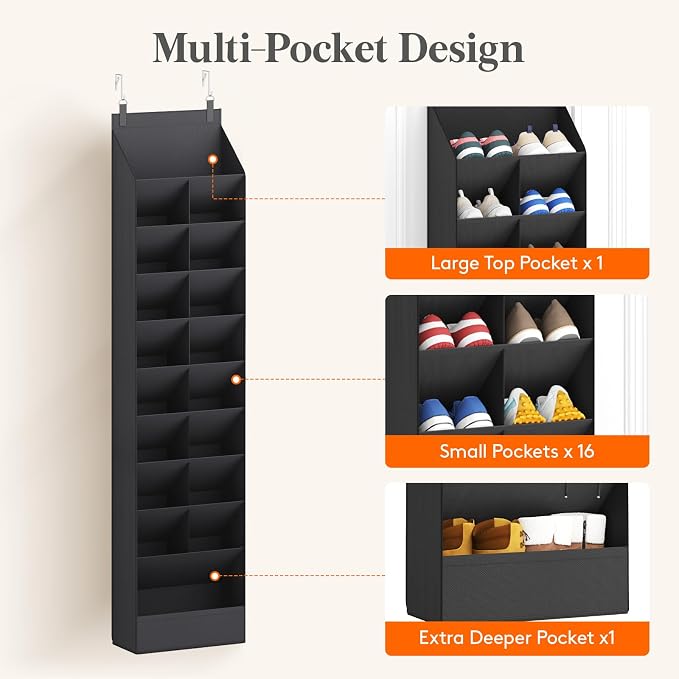 Lifewit 10 Tier Over the Door Shoe Organizer with 19 Large Deep Pockets, Fabric Hanging Shoes Shelf for Closet, Dorm Storage, Fit Up to 20 Pair Shoe Rack Holder for Sneakers, Boots, Black - Image 6