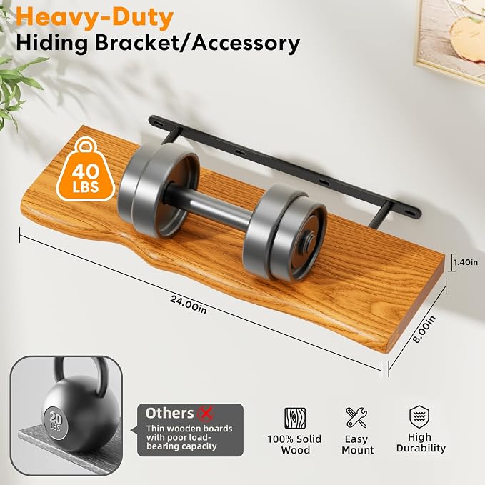 Floating Shelves for Wall Rustic Farmhouse 24 Inch Floating Shelf Wooden Shelves for Wall Mounted Live Edge Pine Shelf with Unique Natural Grain for Living Room Bedroom Kitchen (Honey Walnut) - Image 3