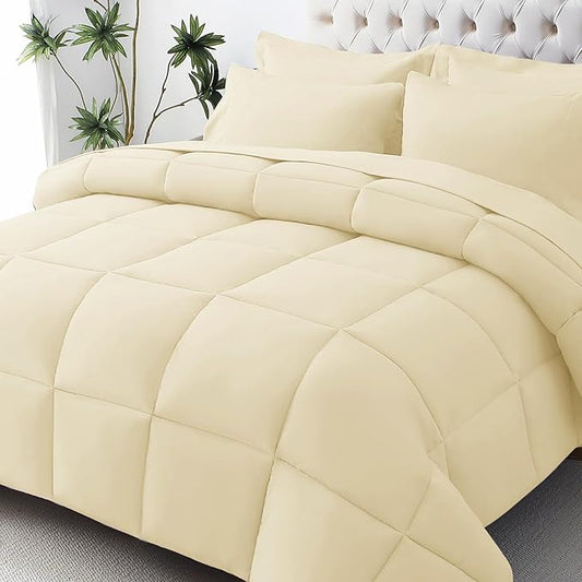 JOLLYVOGUE Full Comforter Set, Ultra-Soft Bed in a Bag Full Size 7 Pieces, Oeko-TEX Certified Bedding Set with Down Alternative Comforter, Sheets, Pillowcases & Shams, Light Yellow