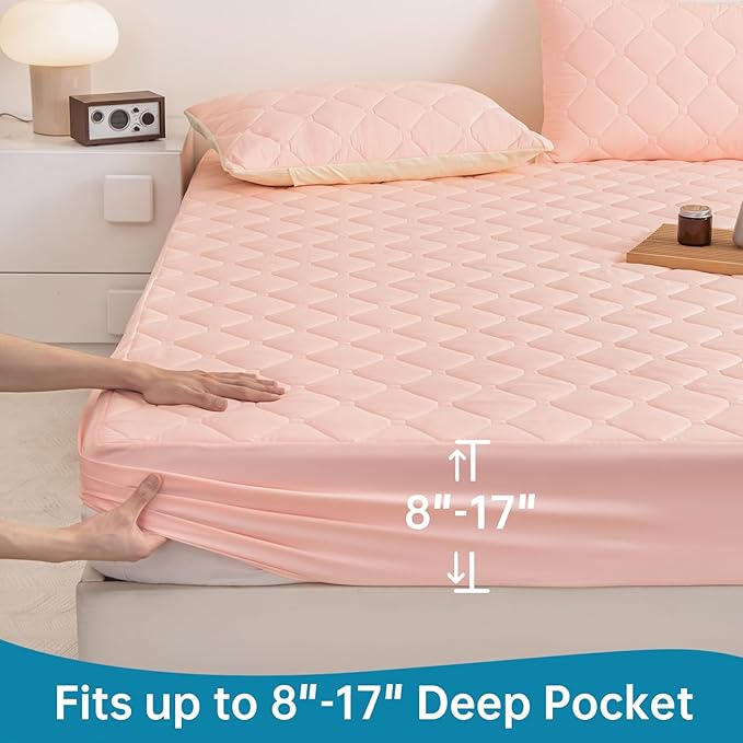 Queen Mattress Protector Waterproof, 18" Deep Pocket Mattress Cover - Lab Tested Leakproof, Oeko-TEX Certified, Breathable & Noiseless, Machine Washable,Queen Fitted Sheet Only (Pink)