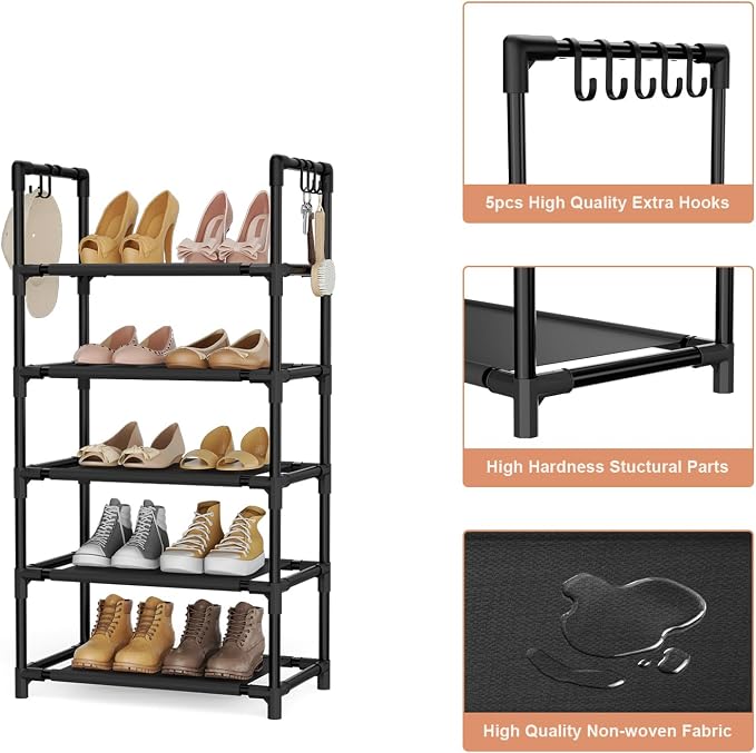 LANTEFUL 5 Tiers Shoe Rack 12-15 Pairs Boots Organizer Storage Sturdy Narrow Shoe Shelf for Entryway, Closets with Hooks, Black - Image 4