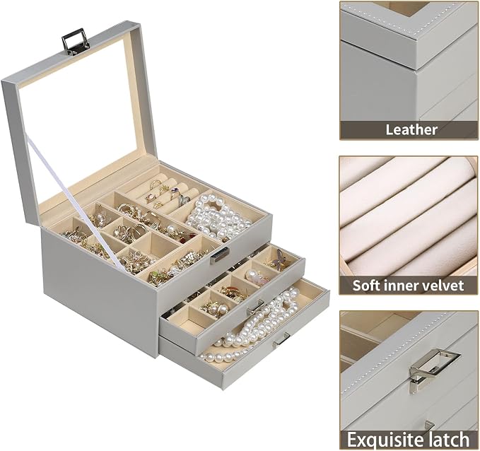 BOOVO Clear Lid Jewelry Box,3 Layers Jewelry Organizer Large Multi-Functional Jewelry Storage Box with 2 Drawers,Jewelry Display Case of Rings Earrings Necklace Bracelets for Women Girls (Grey) - Image 2