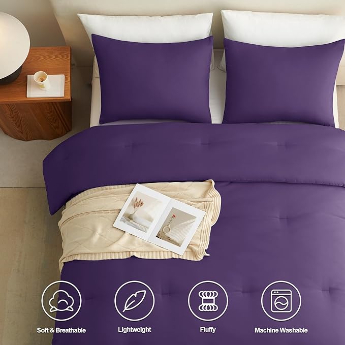 CozyLux Queen Comforter Set Purple, 3 Pieces Solid Comforters Queen Size Breathable Quilted Bedding Sets, Luxury Soft Lightweight Bed Set with Down Alternative Comforter and 2 Pillowcases All Seasons