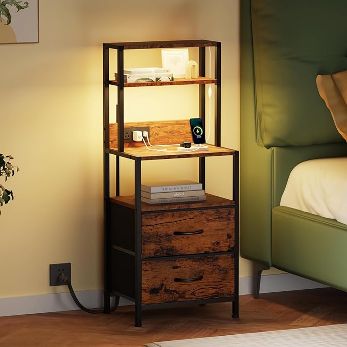 Furnulem Nightstands Set of 2, Tall Night Stand Set with Charger Station, 2 Fabric Drawers and Light Tube, Bedside End Table with 4-Tier Shelves, Bed Side Tables for Bedroom, Office, Rustic Brown