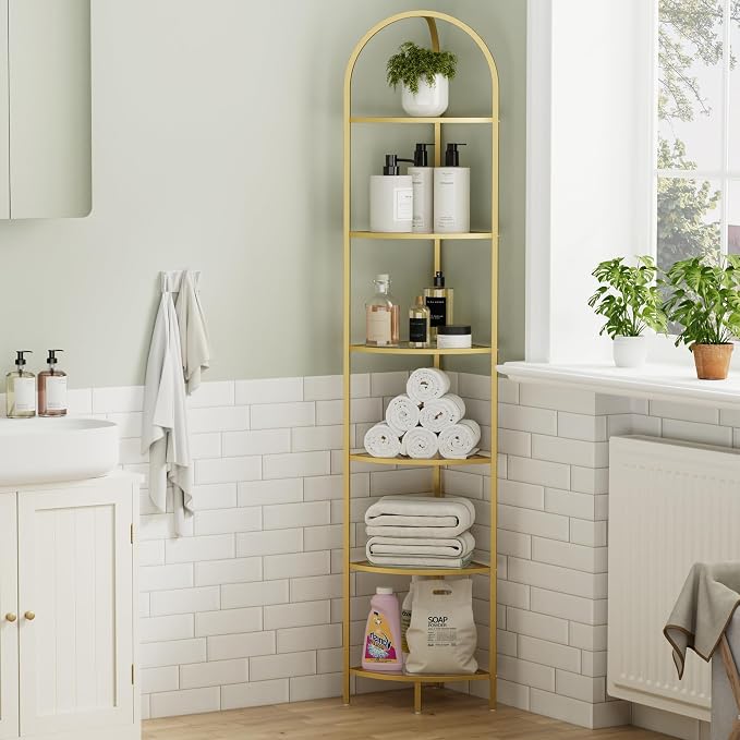 Homhedy 6-Tier Corner Shelf Stand, Metal Corner Bookshelf, Tempered Glass Shelves, Bathroom Storage Rack Shelf, Plant Stand, Modern Style, Golden - Image 4