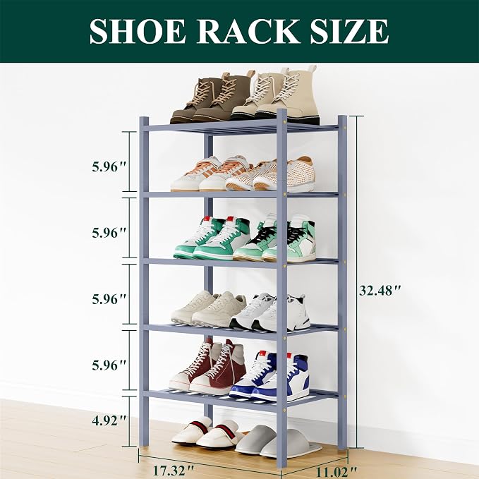 Smiry Shoe Rack, 5 Tier Small Bamboo Shoe Organizer, Stackable Free Standing Wooden Shoe Storage Shelf for Closet, Entryway, Front Door Entrance, Grey - Image 2