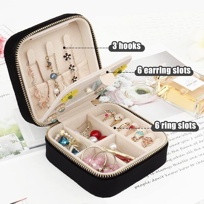 DesignSter Travel Jewelry Box - Velvet Jewelry Organizer, Small Jewelry Case, Jewelry Storage Box for Rings Earrings Necklace (Square, Black) - Image 4