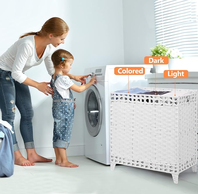 Laundry Hamper with 3 Removable Liner Bags; 132L Handwoven Rattan Laundry Basket with Lid & Heightened Feet; Clothes Hamper with Side Handles; Laundry Sorter with 3 Separate Sections - Image 2