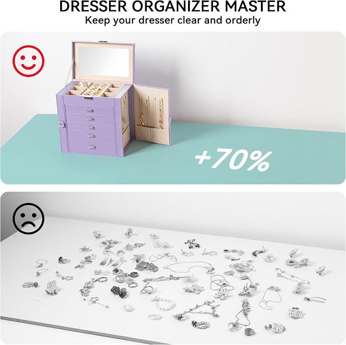 Frebeauty Large Jewelry Box,6-Tier PU Leather Jewelry Organizer,Multi-functional Storage Case with Mirror,Accessories Holder with 5 Drawers for Necklace Bracelets Watches（Purple） - Image 6