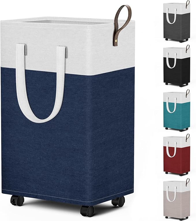 HomeHacks 75L Rolling Laundry Basket with Wheels, Collapsible & Waterproof Laundry Hamper, Mobile Clothes Hamper, Storage Laundry Bins with Handles for Laundry Room, Bedroom, Bathroom & Dorm, Blue by HomeHacks