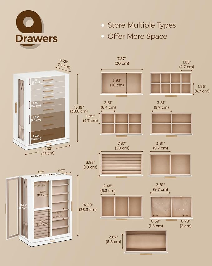 Glimmloop 360° Rotating Jewelry Box with 9 Drawers, Spacious Vertical Jewelry Organizer with Glass Window, Jewelry Storage Case, Dustproof & Moisture-resistant Design, White - Image 5