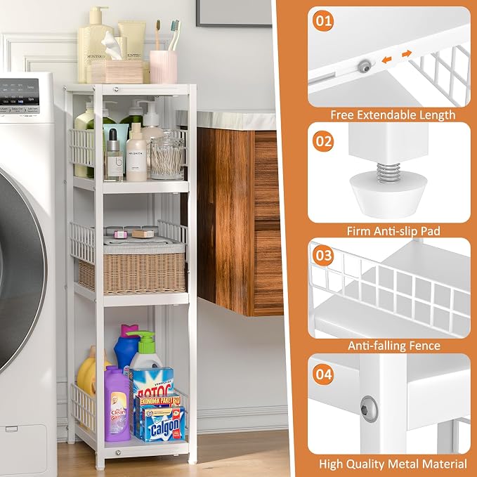 4 Tier Expandable Slim Storage Shelf, Metal Shelving Unit for Bathroom Storage Organizer, Freestanding Narrow Shelf for Small Spaces, Open Floor Shelves for Bathroom, Laundry Room, Kitchen,White - Image 5