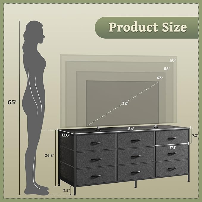 Huuger 9 Drawer Dresser, 55 Inch TV Stand for 55, 60 Inch TV, Entertainment Center with Drawers, Large Storage Fabric Dresser for Bedroom, Closet, Black